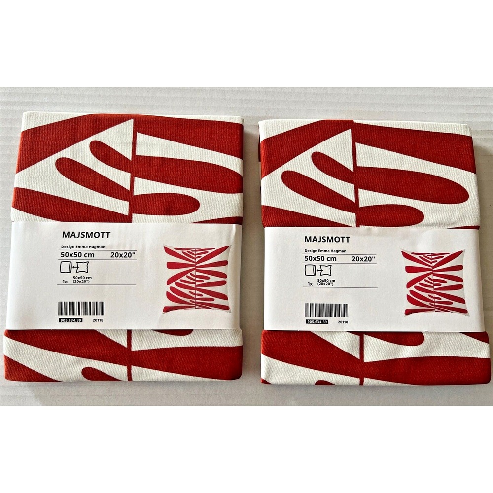Lot of 2 Ikea MAJSMOTT Pillow Cushion Cover 20"x 20" Off-White/Red Leaf Abstract